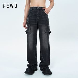 Мужские джинсы FEWQ Мужские нишевые дизайнерские брюки с высокой талией, слегка расклешенные, свободные трендовые карманы, всесезонные универсальные уличные брюки 24X1001 230825
