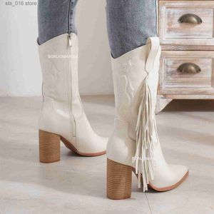 Botas Bonjomarisa Botas de Cowboy para Mulheres Fringe Botas Ocidentais Cowgirls Apontou Toe Chunky High Heeled Sapatos Outono Vintage Retro T230824