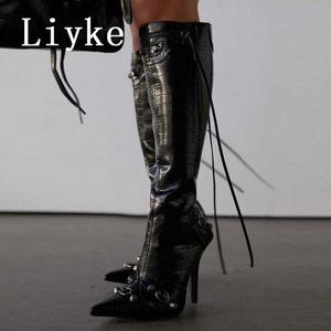 Buty Liyke 2023 NOWOŚĆ Sexy Speinted Toe Knee High Boots Women Pole Dance Stiletto Obcasy Masowe mody z suwakiem zimowe buty T230824