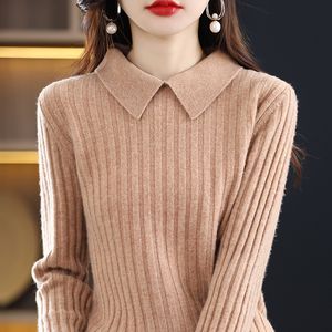 Women's Sweaters 100 Wool Warm Knit Long Sleeve Pullover Solid Polo Neck Versatile Sweater Collar Slim Fit Striped Bottom 230824