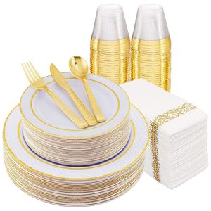 Louça descartável 70 pcs utensílios de mesa bandeja de plástico branco com borda de ouro talheres de prata copo guardanapo combinação suprimentos de festa de casamento 230825