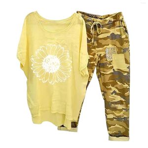 Calças femininas de duas peças mulheres vintage solto pantsuit impressão oversize top camuflagem perna larga calças retas terno streetwear tracksuit