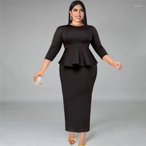 Roupas étnicas Preto Noite Vestidos Africanos para Mulheres Outono Redondo Pescoço Mangas Compridas Ruffled Apertado Maxi Vestido Robe Muçulmano Abaya S 4XL