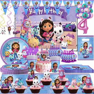 Gabby Dollhouse Suit Kızlar Doğum Günü Partisi Numarası Balon 1 2 3 Dekor Çatal Seti Set Plakaları Bebek Duş Hediyeleri Bebek Evi Yarar Hkd230825 HKD230825