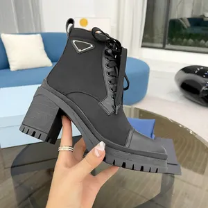 Triangle Nylon canvans with Leather Ankle Boots 2cm platform lace-up round Toe 7.5cm high heels Flat booties chunky boot luxury designer for women factory footwear