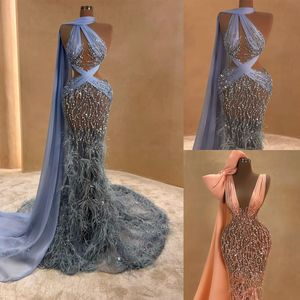 See Through Mermaid Evening Dresses Sexy Sequined Lace Prom Dress Sweep Floor Feather Formal Party Gowns