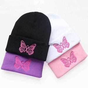 Beanie / Skull Caps 2023 Versão Coreana Nova Borboleta Bonita Bordado Chapéu de Lã Masculino e Feminino Estudante Pulôver Chapéu Quente Chapéu Frio Chapéu de Malha L0825