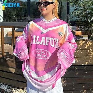 T-shirt das mulheres YICYA T-shirt rosa y2k Retro motocicleta oversized camisa de manga comprida vintage colheita top racing tshirts moda coreana inverno tees 230824