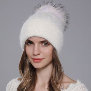 Beanie Skull Caps CNTANG Pelliccia di procione naturale Pompon Cappello lavorato a maglia per le donne Caldo coniglio d'angora Bonnet Cappelli in pile invernale da donna Casual femminile 230825