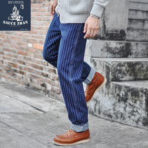 Mäns jeans Saucezhan randiga män Vintage denim Överaller American Railroad Work Pants Jeans Slim Fit 230824