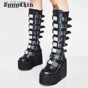 Buty Women Mid-Calf Boots Metal Belt Butge Wedge High Heel Platforma Kobieta Pumps Ladies Black Punk Gothic Party Buty Mujer Zapatos T230824