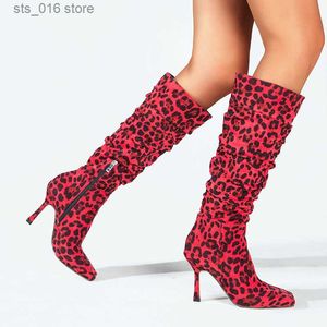 Сапоги женские коленные ботинки квадратная мода Sexy Sexy Thin Stiletto Med Low Heel Boots Leopard Zipper 2022 Зимняя осень новая обувь T230824