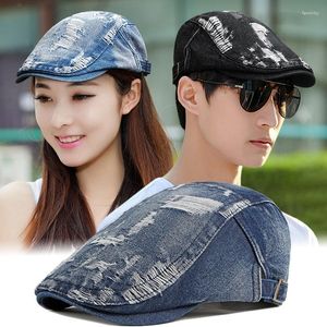 Berets Hut Herren Frühling Sommer Freizeit Mode Denim Perforierte Baskenmütze Koreanisch Unisex Cool Retro Old Made Forward