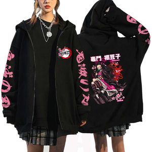 Felpe con cappuccio da donna Felpe Anime Demon Slayer Stampa Kamado Nezuko Autunno in pile con cerniera Giubbotti Streetwear Cappotto con cappuccio Zip 230824