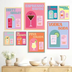 Pembe Kokteyl Karikatür Poster Nordic Espresso Spritz Meyveler Suyu Şarap İçecekleri Tuval Mutfak Bar Kulübü Yemek Odası Dekoru için Sanat Duvar Resimleri Çerçeve Wo6