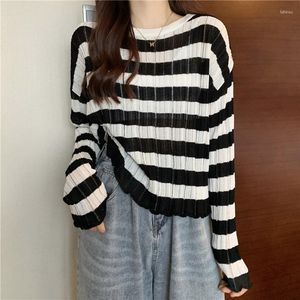 Women's Sweaters Punk Gothic Sweater 2023 Summer Women Striped Cool Hollow Out Jumper Loose Rock Thin Dark Streetwear Top