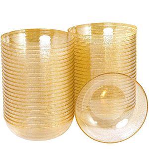 Disposable Dinnerware 50Piece Plastic Bowl 12oz Heavy Duty Crystal Tableware Golden Glitter Dessert Mousse Salad Ice Cream 230825