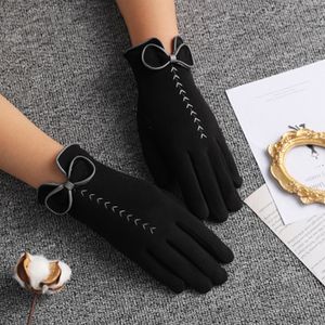 Fingerless Gloves Winter Women's Outdoor Cycling Cashmere Warm Cute Bow Embroidery Thin Plus Velvet Touch Screen Driving Mittens L25L 230825