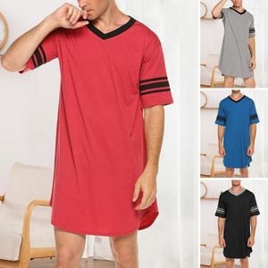 Men's Sleepwear Men Cotton Nightshirt Robe Short Sleeve V-neck Loose Nightwear Nightgown Long Summer Top Strip Print Sleeping Clothes