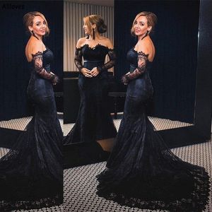 Black Celebrity Evening Dresses For Women With Long Sleeves Elegant Lace Mermaid Strapless Formal Occasion Party Gowns Off Shoulder Buttons Back Prom Dress CL2741