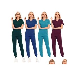 Womens Two Piece Solid Color Spa Threaded Clinic Work Suits Topps Uni Scrub Pet Nursing Uniform D DHXRQ Drop Delivery DHB1L