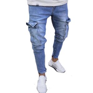 Men Fashion Clothes Cargo Jeans Pants Mens Ripped Skinny Work Denim Pants Street Wear Solid Color High Quality Trousers260Q