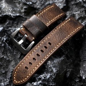 Uhrenarmbänder Handgefertigtes Armband aus echtem Leder, 20, 21, 22, 23, 24, 26 mm, braune erste Schicht aus Rindsleder, weiches Herrenarmband im alten Stil, 230825