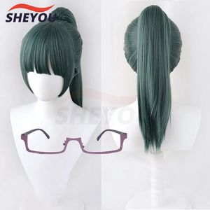 Perucas Cosplay Anime Jujutsu Kaisen Cosplay Maki Zenin Perucas Verde Escuro Rabo de Cavalo Resistente ao Calor Cabelo Sintético Peruca Cosplay Peruca Cap Óculos 230824