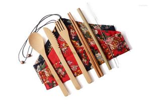 Servis uppsättningar DHL 50Set Portable Set Japanese Bamboo Cutlery Fork Spoon Chopsticks Traves Teskoon Straw Kitchen Table Seary