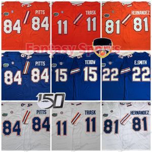 Florida Gators 15 Tim Tebow College Football Jerseys 22 E.Smith Jersey 84 Kyle Pitts Kyle 11 Trask Men Blue Orange Patch 150th