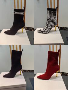 Женские заостренные дизайнерские дизайнерские длинные ботинки модная тканая вышиваемая высокие каблуки 9,5 см. Свадебная пейзажа для взлетно-посадочной полосы с коробкой 35-42