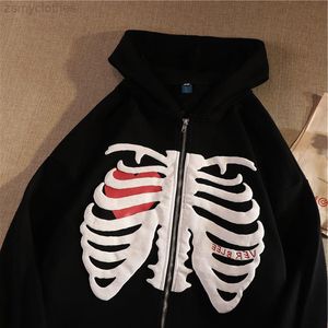 Moda y2k iskelet hoodies kadınlar gotik siyah zip up büyük boy sweatshirt bayanlar retro harajuku kapüşonlu ceket sokak giysileri229j