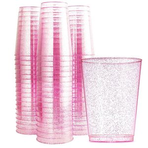 Disposable Dinnerware 12 oz Cup Transparent Golden Pink Glitter Plastic Retro Glass Wedding Banquet Birthday Party Tableware Supplies 230825