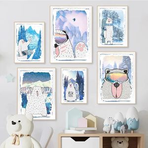 Kreskówki plakaty i grafiki niedźwiedzie polarny narciarstwo płócienne malarstwo nordyckie nordyckie zdjęcia ścienne zdjęcia domowe dzieci sypialnia salon wystrój prezent dla przyjaciela bez ramy Wo6