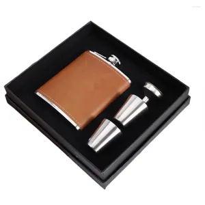Hip Flasks 7/8oz Pu Leather Wrapping Whisky Bottle Flagon 18/8 Stainless Steel Flask Pocket Alcohol Set Of Gift Boxes