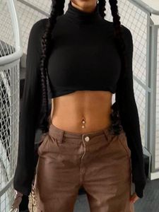 Kvinnors T-skjortor Kalevest Casual Basic Brown Skinny Crop Top Women Autumn Aesthetic Y2K Black Long Sleeve T-Shirt Ladies kläder 90s