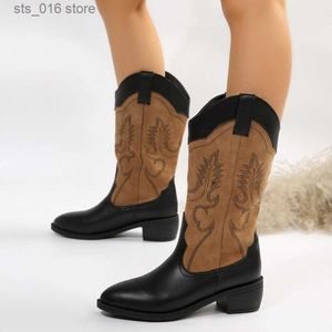 Boots Brand New Embroider 2023 Autumn Winter Western Mid Calf Boots Women Chunky Heels Vintage Cowgirl Cowboy Boots Retro Shoes Woman T230824