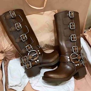 Boots Harness Belt Buckled cowhide leather Biker Knee Boots chunky heel zip Knight boots Fashion square toe Ankle Booties for women luxury designer shoes J0825