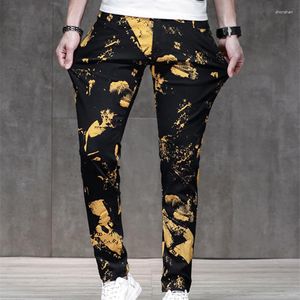 Herren Jeans Herbst Gold Print Trend Slim Stretch Hose Mid-Waist Street Fashion Wear