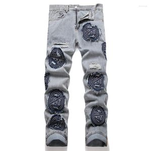 Herren-Jeans-Stil, Punk-Stil, blau, zerrissenes Band, kein Gummiband, lockere mittlere Taille, gerades Bein, Straßenmode