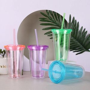 Garrafas de água reutilizáveis portátil transparente garrafa de dupla camada colorido tumbler com palha para café leite smoothie copo drinkware 16oz