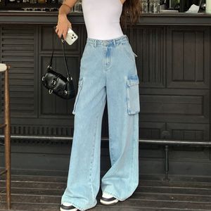 Damen Jeans Hosen für Frauen Baggy Cargo Star Girl Y2k Low Rise Stacked Korean Fashion Hochwertige Denim Taschen breites Bein 230825