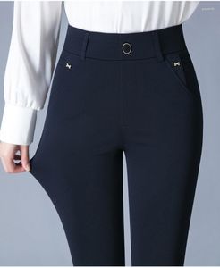 Women's Pants 7XL Spring Autumn Casual Button Elastic Mid Waist Black&Navy Blue Straight Trousers Office Lady Quick Drying Suit Female