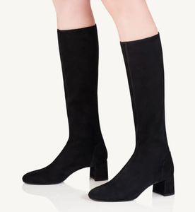 럭셔리 겨울 부츠 Aquazzura Saint Hone-High Boot Block Heel Black Brown 지퍼 둥근 발가락 Brial Wedding Lady Booties EU35-43 상자와 함께