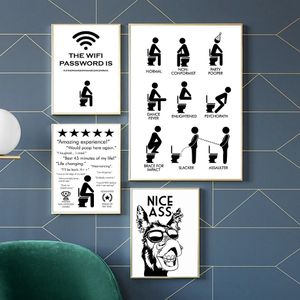 Wall Art Canvas Painting Funy Toilet Sign Nordic Cartoon Boy Bianco nero Poster e stampe Immagini a parete per soggiorno Bagno Club Toilet Decor No Frame Wo6