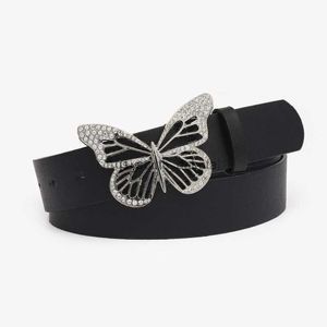 Belts New Unique Diamond Butterfly Belt Women Fashion Shiny Silver Metal Pu Belts Female Jeans Dress Waistband 2022 L0825