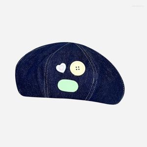 Berets Heart Button Denim Beret Women's Thin Retro Versatile Breathable Painter Hat Trend Fashion Bud Leisure Cute Cap