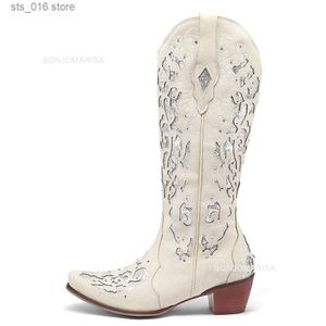 Boots Bonjomarisa Женщины ковбойские коленные коленные ботинки блестящие блестки дизайн осенней вышивки на Cowgirls Western Shoes Big Size 43 T230824