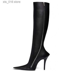 Boots 2023 New Designer Pointed Women's Stiletto Heels Knee Length Boots 44 Large Leather Women's Boots with Fashionable Side Zippers T230824