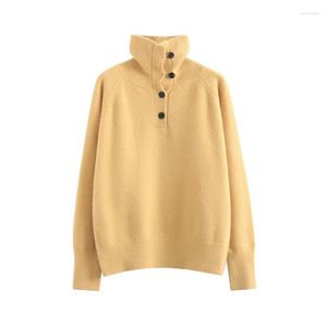Suéteres femininos sentido alto pescoço botão camisola outono inverno 2023 cor sólida fresco solto malha superior gola alta para mulher